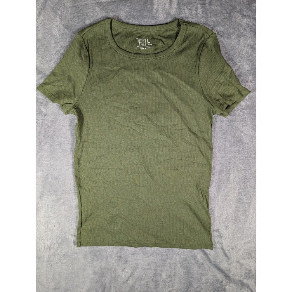 Time and Tru Womens Ribbed Short Sleeve Crew Neck T Shirt Olive Green Medium